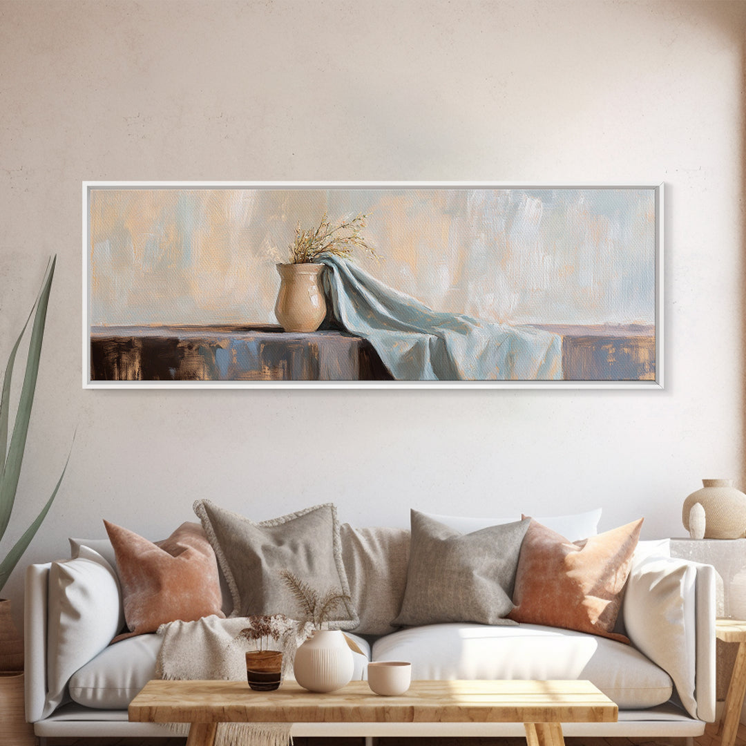 Beige Vase With Dried Grass And Blue Draped Cloth Wall Art, Wabi Sabi Canvas Print, Neutral Home Decor For Living Room Gift