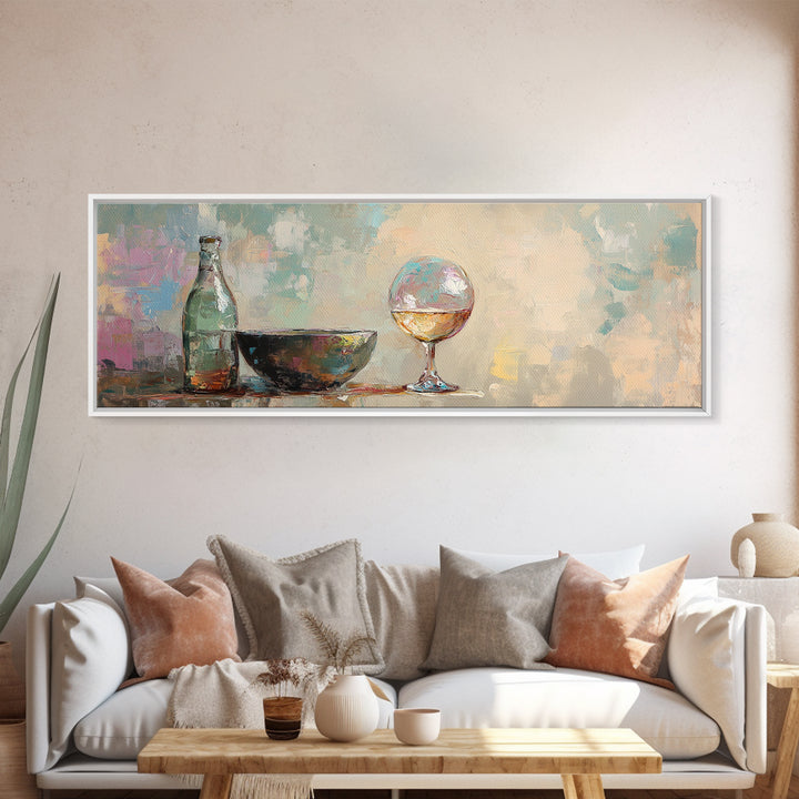 Bottle Bowl And Wine Glass Still Life Canvas Print, Modern Kitchen Wall Art, Dining Room Decor, Neutral Home Decor Gift For Her