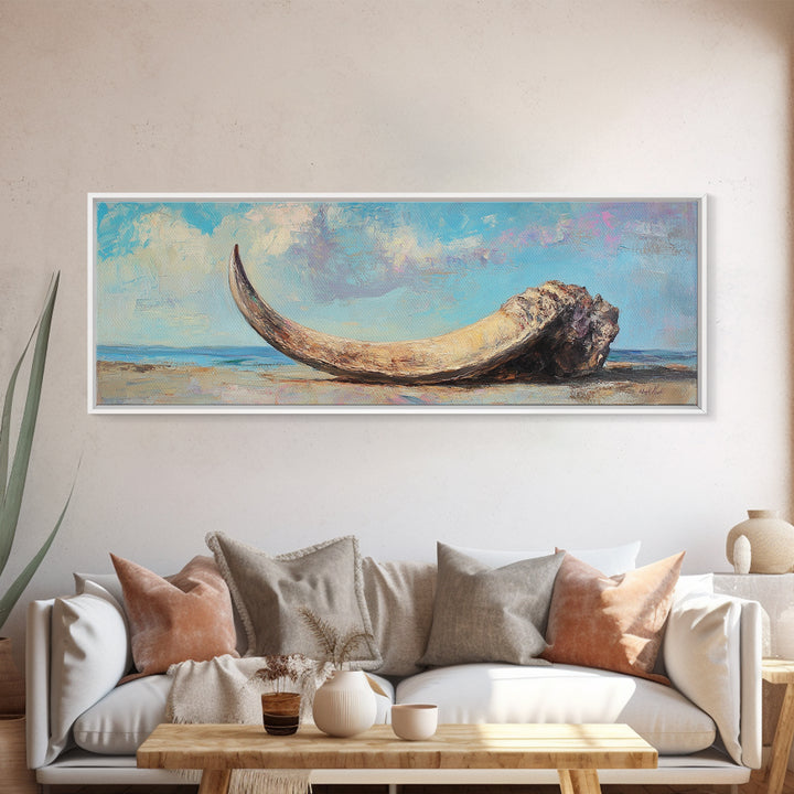 Weathered Ivory Tusk On Shore Canvas Print, Coastal Wall Art, Rustic Beach House Decor, Nautical Long Horizontal Living Room Art