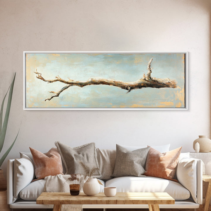 Bleached Driftwood Branch Framed Canvas Print, Rustic Coastal Wall Art, Minimalist Beach House Decor, Long Horizontal Art