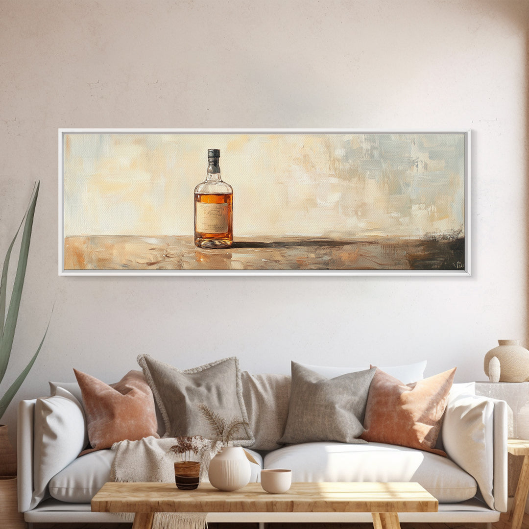 Amber Whiskey Bottle Still Life Framed Canvas Print, Bar Wall Art, Rustic Home Bar Decor, Masculine Man Cave Whiskey Lover Gift