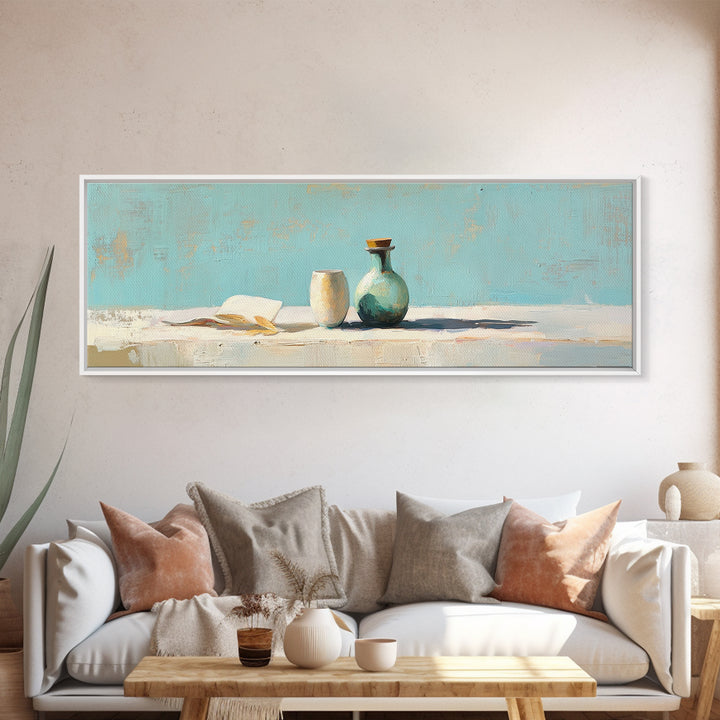 Turquoise Vase And Open Book Canvas Print, Minimalist Wall Art, Coastal Still Life Decor, Modern Japandi Living Room Art