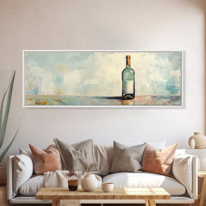 Solitary Blue Glass Bottle Still Life Canvas Print, Minimalist Wall Art, Calming Coastal Neutral Decor, Modern Living Room Art