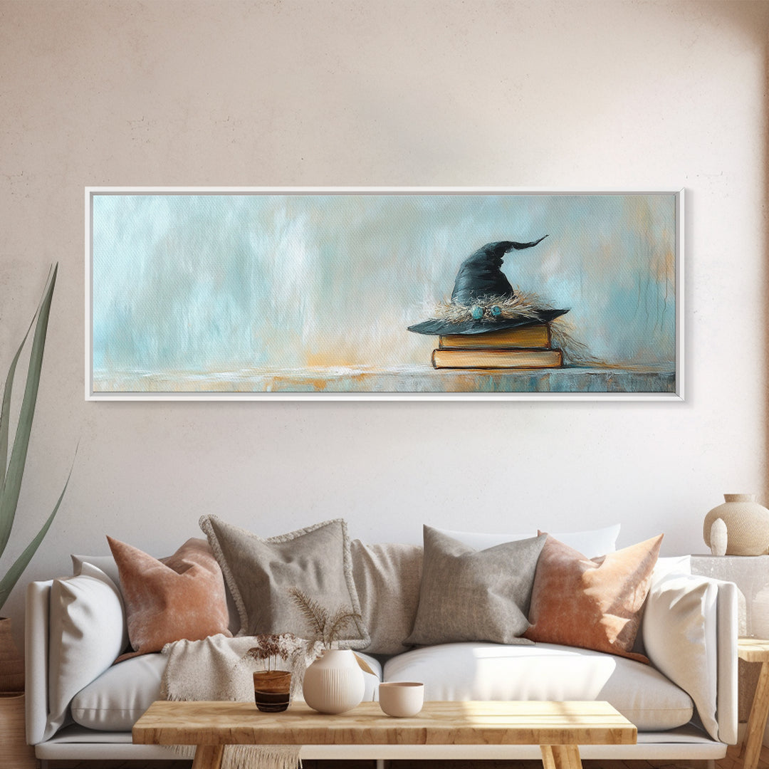 Witch Hat On Stacked Books Framed Canvas Print, Magical Library Wall Art, Dark Academia Decor, Book Lover Gift, Fantasy Art