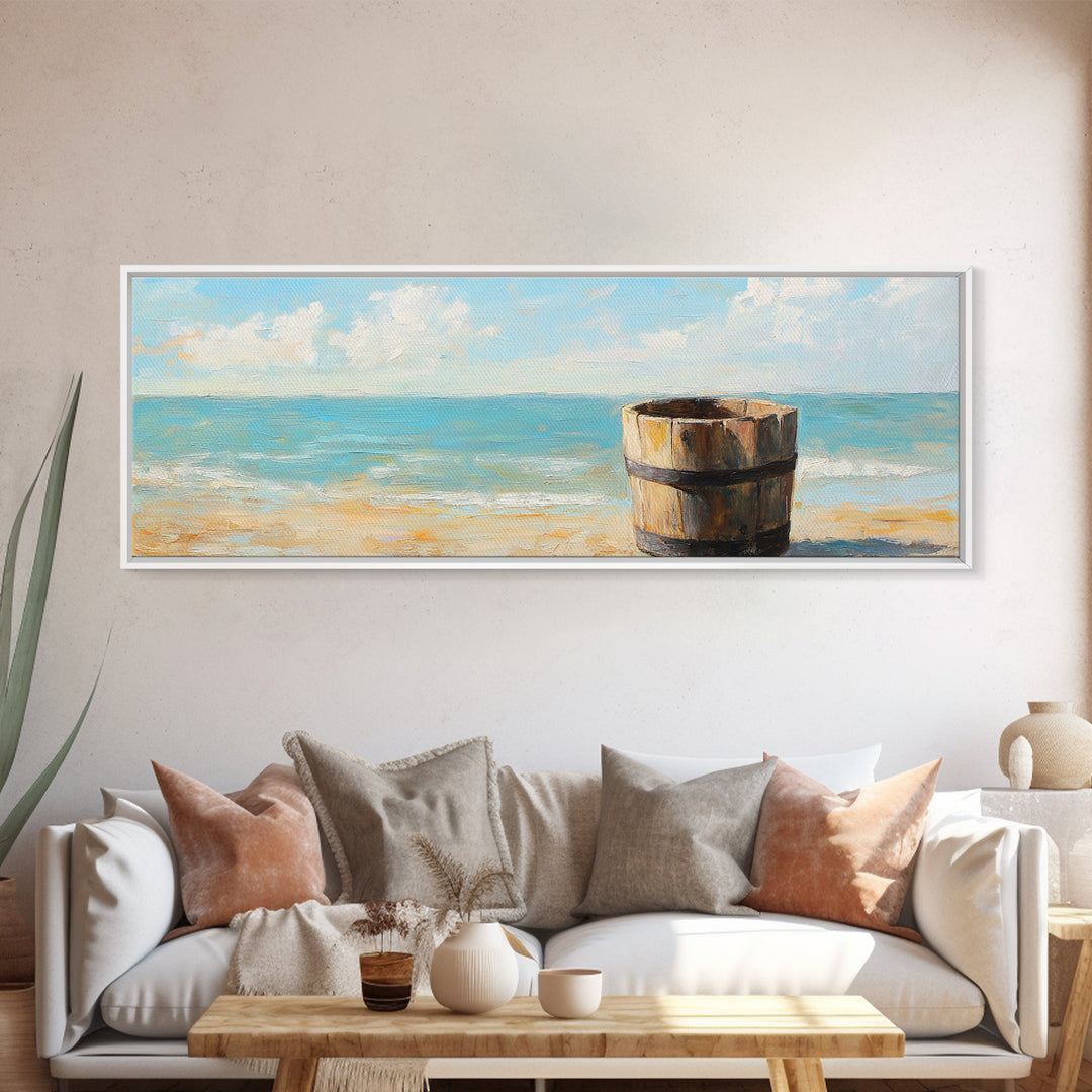 Weathered Barrel On Sunny Beach Wall Art, Coastal Home Decor, Ocean Painting, Nautical Print, Beach House Gift, Seascape Art