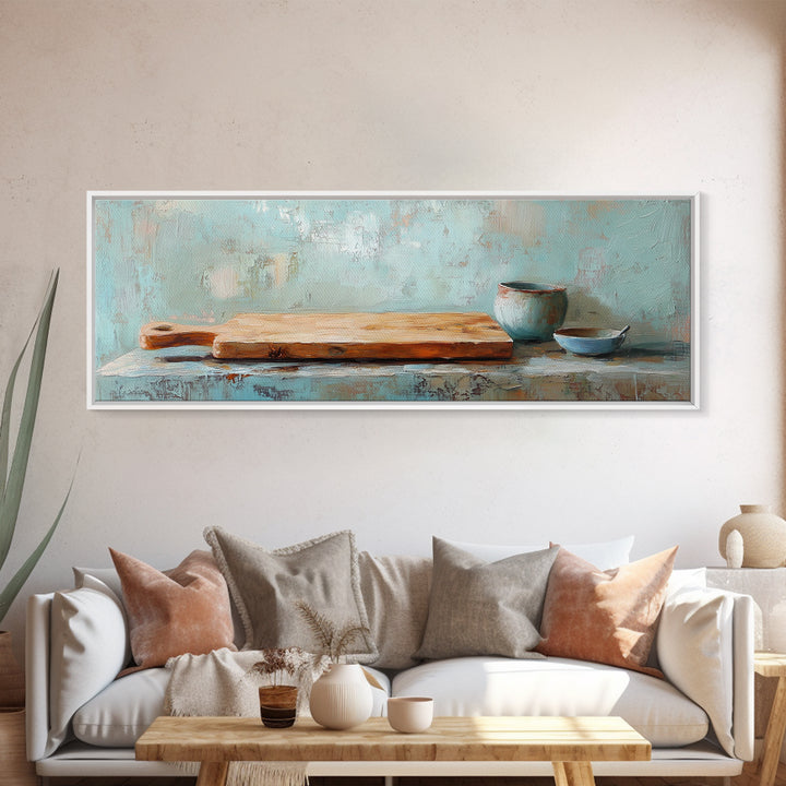 Wooden Cutting Board And Blue Pottery Wall Art, Rustic Kitchen Decor, Farmhouse Art Print, Still Life Painting, Home Decor