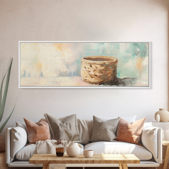 Woven Basket Still Life Canvas Print, Neutral Wall Art, Wabi Sabi Decor, Organic Modern Art For Living Room Home Decor Gift