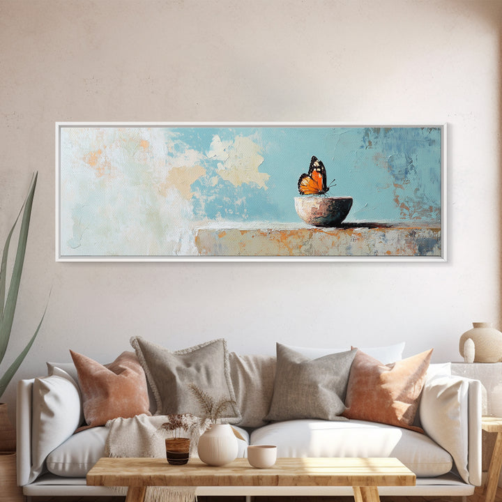 Orange Butterfly In Small Bowl Canvas Print, Blue Abstract Wall Art, Whimsical Animal Art, Modern Kitchen Decor Gift For Her