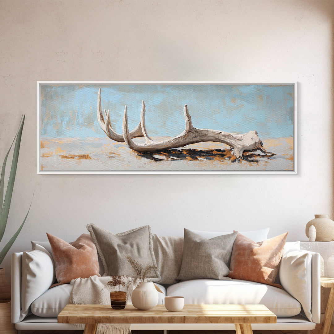 Weathered Deer Antler Framed Canvas Print, Rustic Western Wall Art, Cabin Decor, Nature Inspired Farmhouse Wall Decor Housewarming Gift