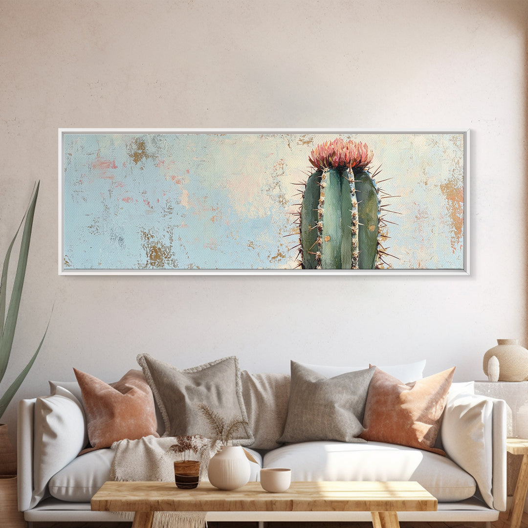 Tall Flowering Cactus Canvas Print, Minimalist Desert Wall Art, Southwestern Botanical Home Decor, Pink Cactus Gift For Her