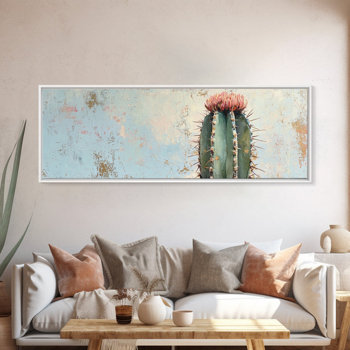 Tall Flowering Cactus Canvas Print, Minimalist Desert Wall Art, Southwestern Botanical Home Decor, Pink Cactus Gift For Her
