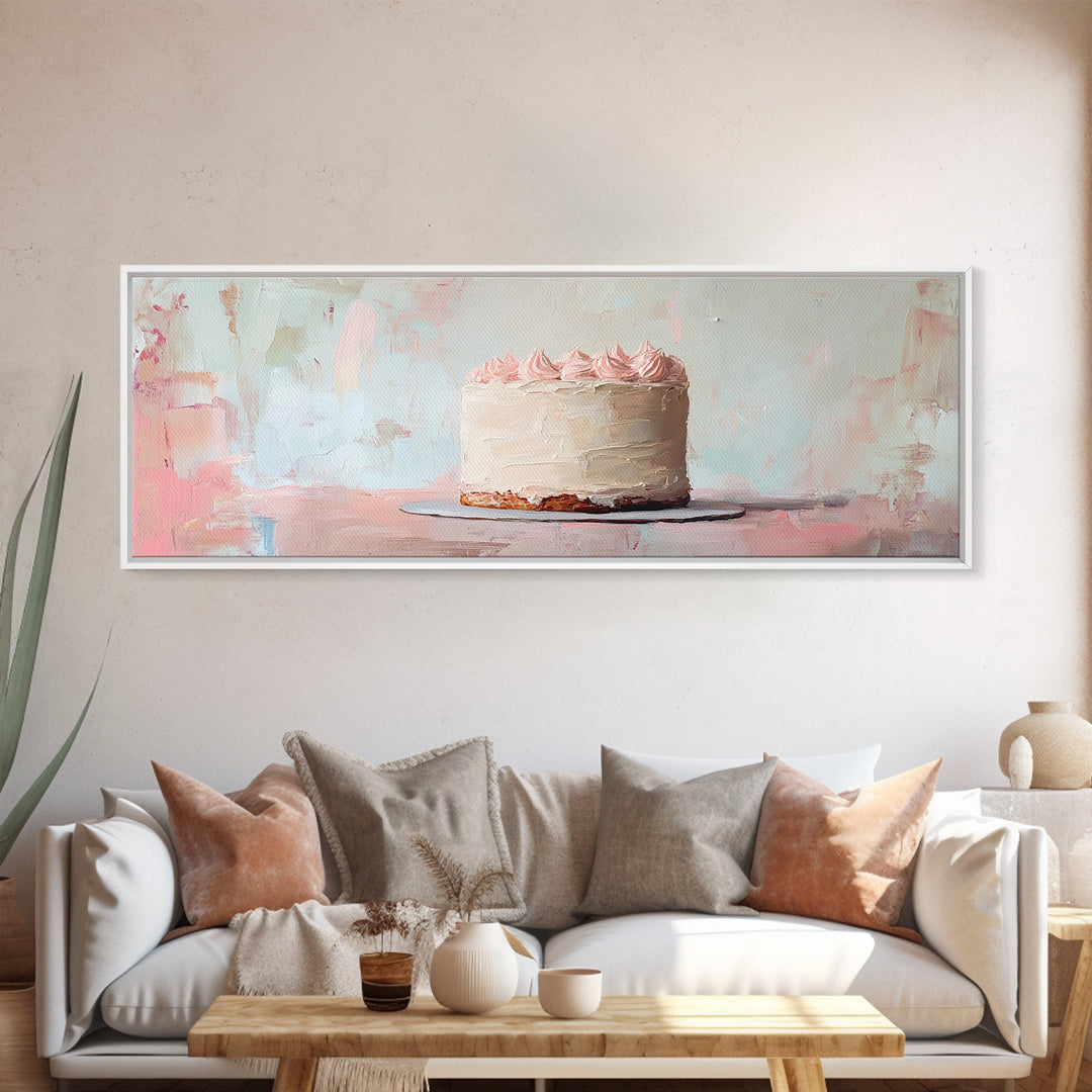 Pastel Frosted Cake Canvas Print, Cute Bakery Wall Art, Pink Kitchen Decor, Whimsical Dessert Art Birthday Gift For Baker