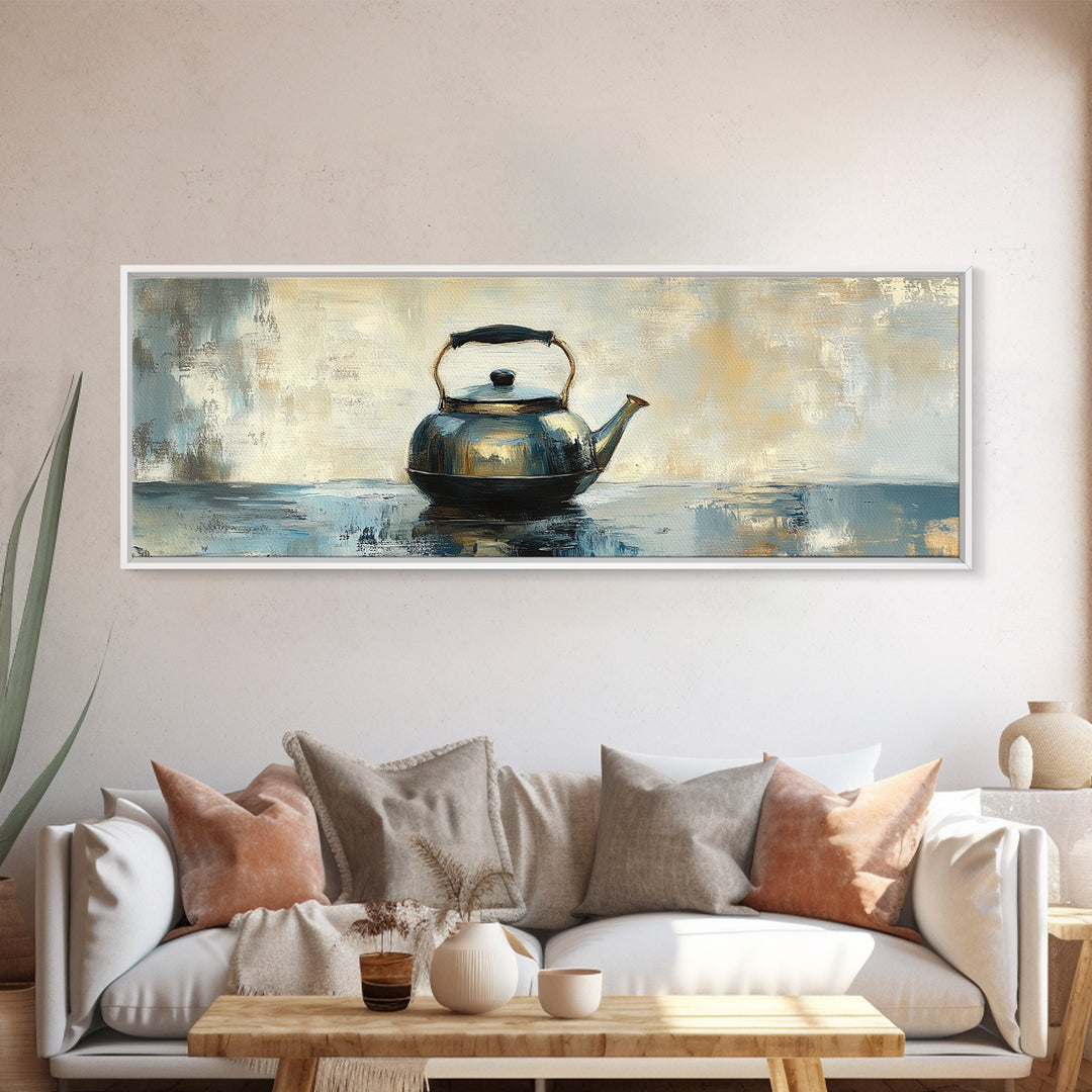 Black Tea Kettle Still Life Canvas Print, Rustic Kitchen Wall Art, Farmhouse Home Decor, Cozy Coffee Bar Gift For Tea Lovers
