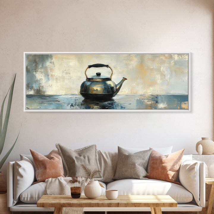 Black Tea Kettle Still Life Canvas Print, Rustic Kitchen Wall Art, Farmhouse Home Decor, Cozy Coffee Bar Gift For Tea Lovers