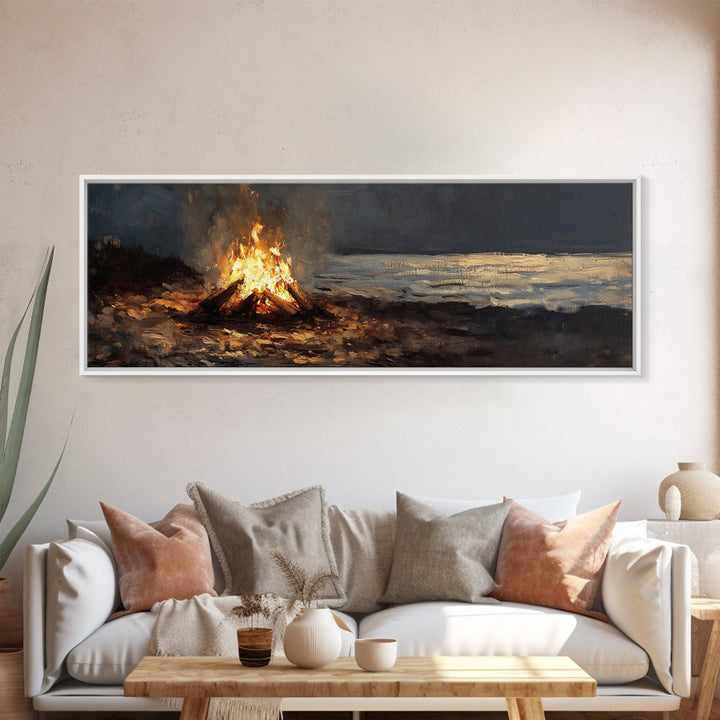 Moody Campfire By Dark Shore Wall Art, Rustic Cabin Canvas Print, Night Landscape Living Room Decor, Cozy Masculine Gift For Him