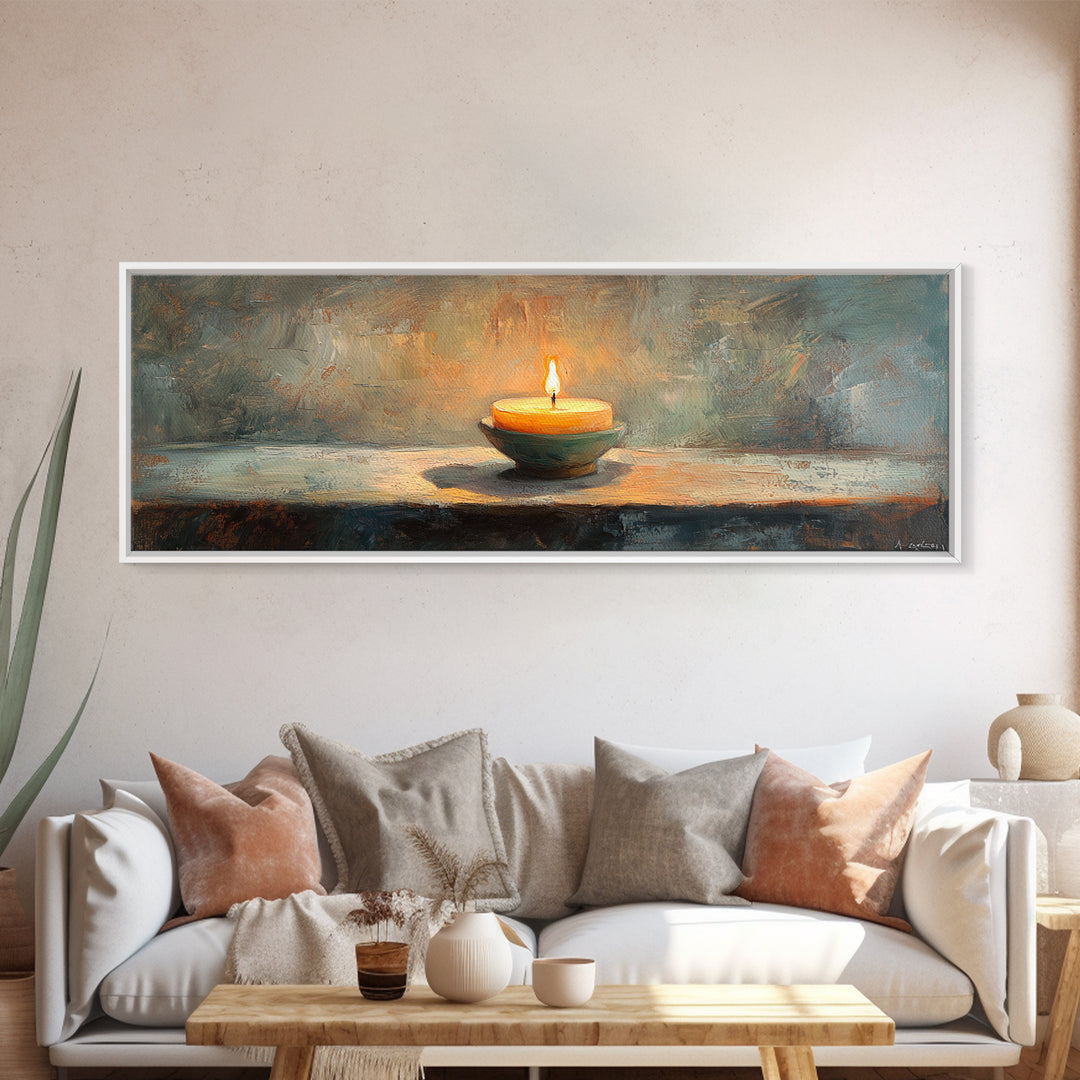 Glowing Candle Still Life Framed Canvas Print, Moody Wall Decor, Meditation Room Art, Rustic Home Decor, Calming Housewarming Gift