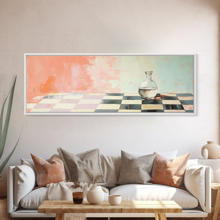 Minimal Glass Bottle On Checkered Table Canvas Print, Pastel Kitchen Wall Art, Modern Minimalist Dining Room Home Decor Print