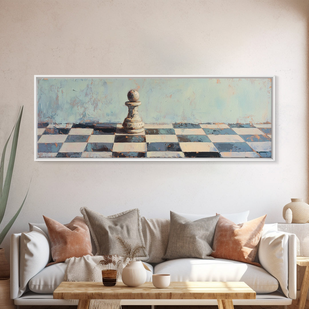 Lone Chess Pawn On Checkered Board Wall Art, Game Room Decor, Modern Office Canvas Print, Abstract Strategy Art Gift For Him