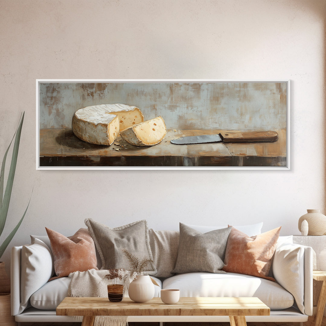 Brie Cheese And Knife Still Life Framed Canvas Print, Rustic Kitchen Wall Art, Farmhouse Dining Room Decor Foodie Gift For Chef