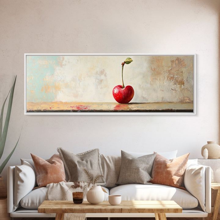 Single Red Cherry Minimal Still Life Canvas Print, Kitchen Wall Art, Modern Farmhouse Dining Room Decor, Fruit Art Gift For Her
