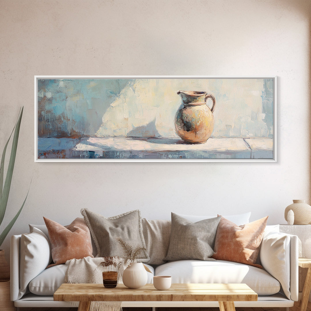 Sunlit Ceramic Pitcher Still Life Wall Art, French Country Decor, Neutral Kitchen Art, Rustic Canvas Print, Housewarming Gift