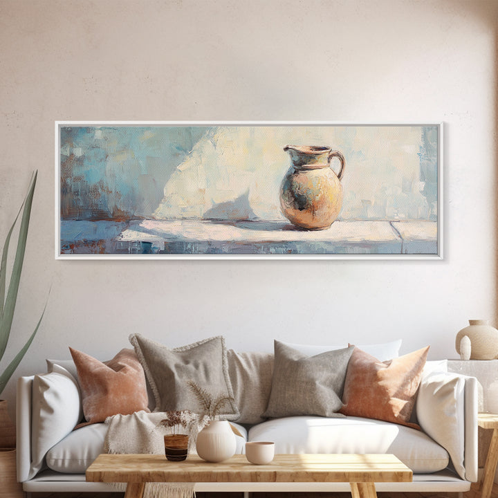 Sunlit Ceramic Pitcher Still Life Wall Art, French Country Decor, Neutral Kitchen Art, Rustic Canvas Print, Housewarming Gift