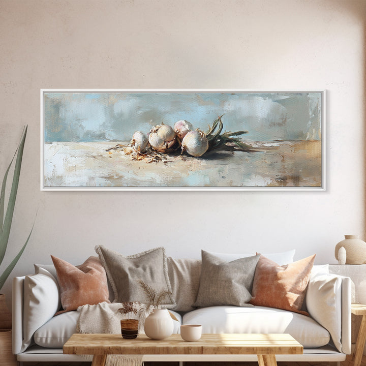 Rustic Garlic Bulbs Still Life Canvas Print, Kitchen Wall Art, Farmhouse Decor, Food Illustration, Culinary Home Decor Gift