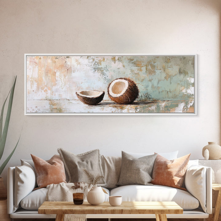 Cracked Coconut Still Life Canvas Print, Tropical Kitchen Wall Art, Coastal Decor, Beach House Decor, Food Illustration Print