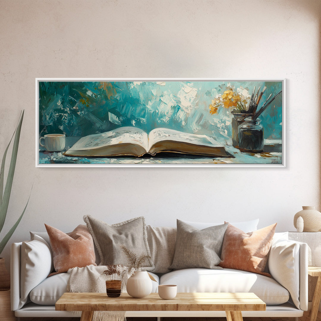 Open Book Still Life Wall Art, Cozy Reading Nook Decor, Library Art Print, Book Lover Gift, Teal Impasto Canvas For Living Room Home Decor