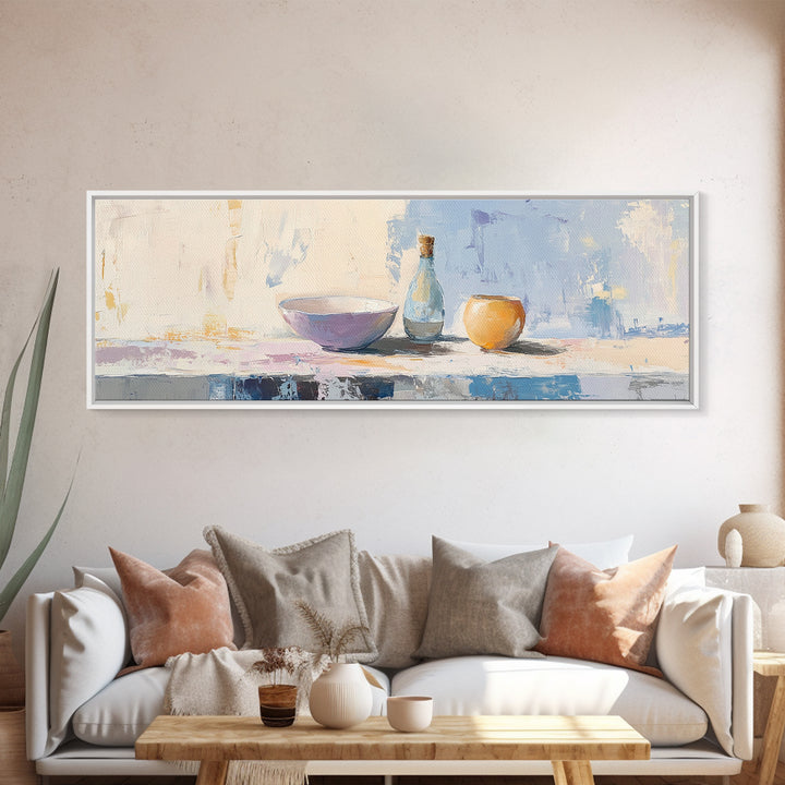 Pastel Bowl Bottle And Orange Canvas Print, Minimalist Kitchen Wall Art, Still Life Painting, Dining Room Decor Gift For Her