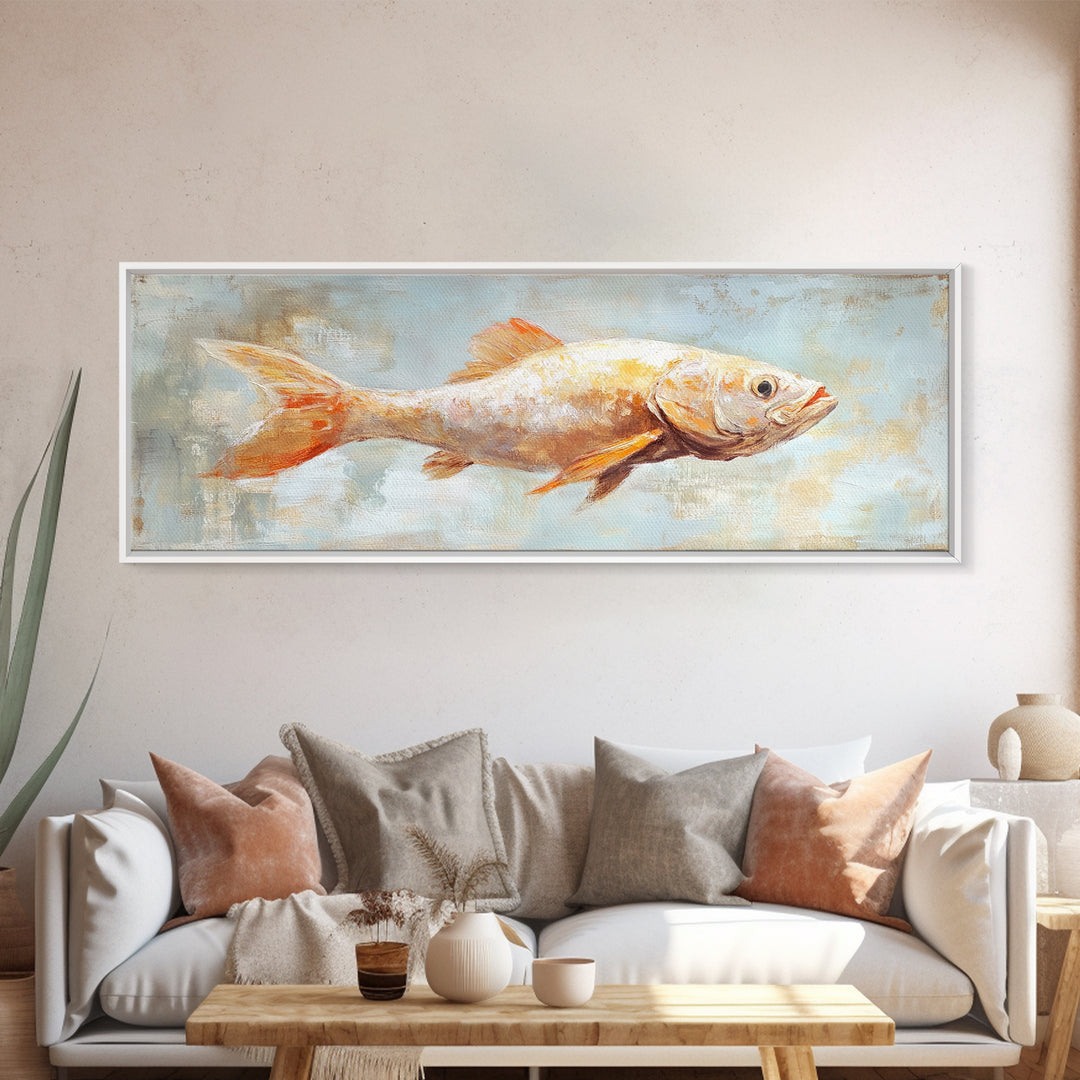 Orange Fish Painting Wall Art, Coastal Kitchen Decor, Nautical Canvas Wall Art, Ocean Animal Art Print For Beach House Decor
