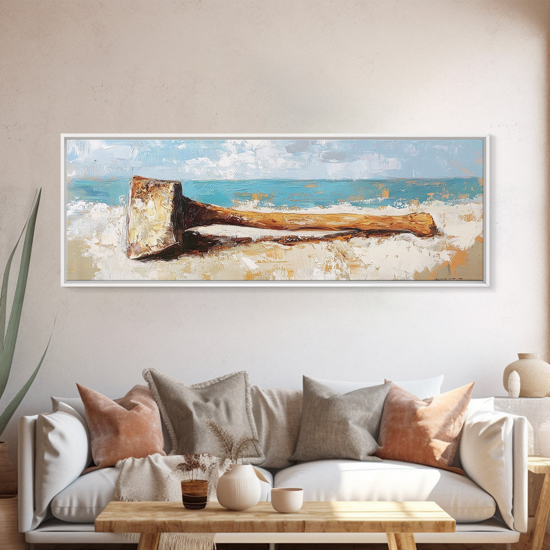 Weathered Axe On Sand Wall Art, Rustic Coastal Decor, Nautical Canvas Print, Beach House Artwork For Cabin Decor Gift For Him