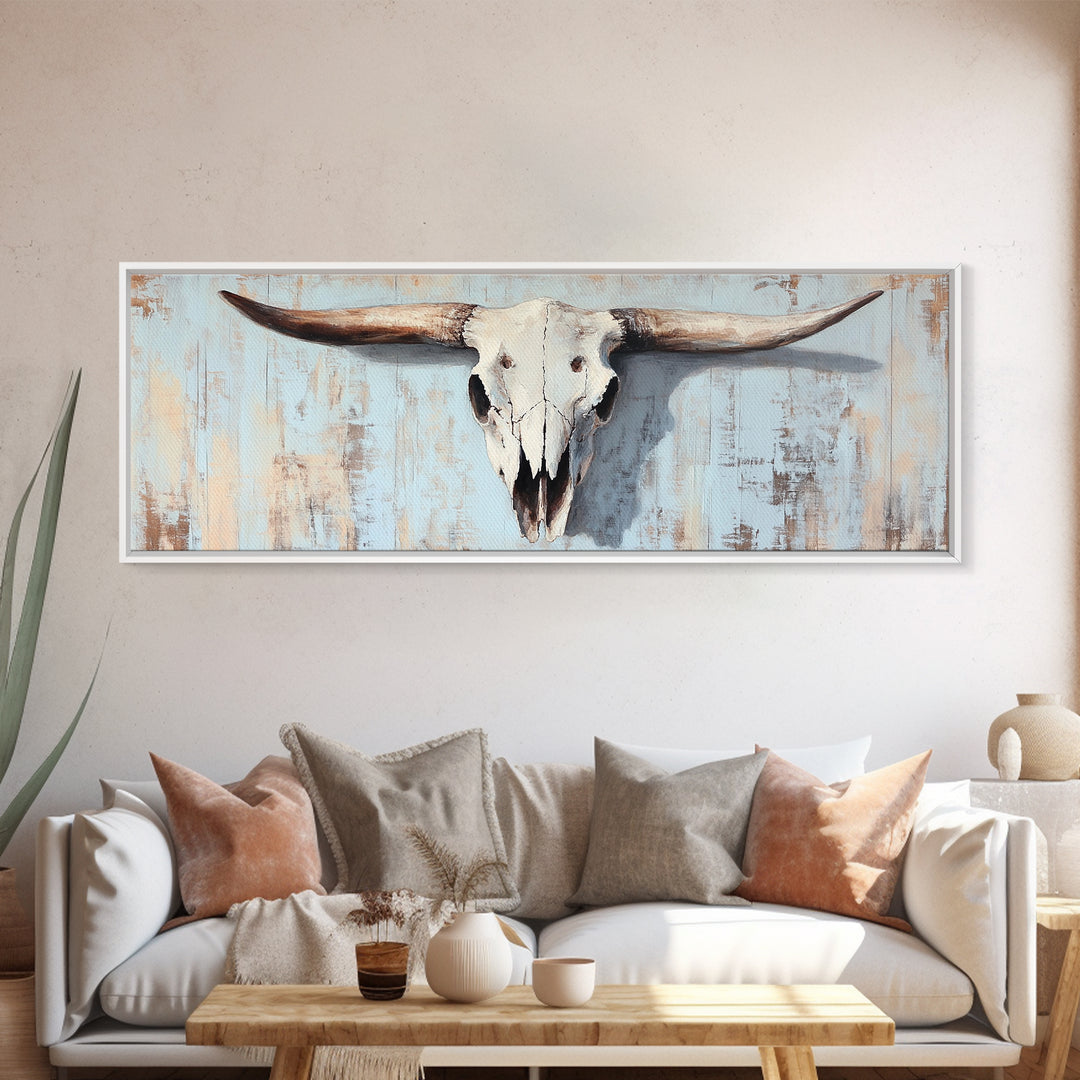Longhorn Skull On Rustic Blue Wall Art, Western Cowboy Decor, Southwestern Farmhouse, Large Horizontal Ranch Housewarming Gift