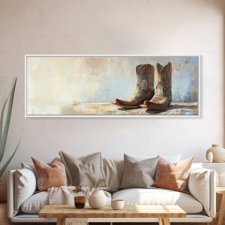 Weathered Cowboy Boots Framed Canvas Print, Western Wall Art, Rustic Ranch Decor, Southwestern Farmhouse Housewarming Gift