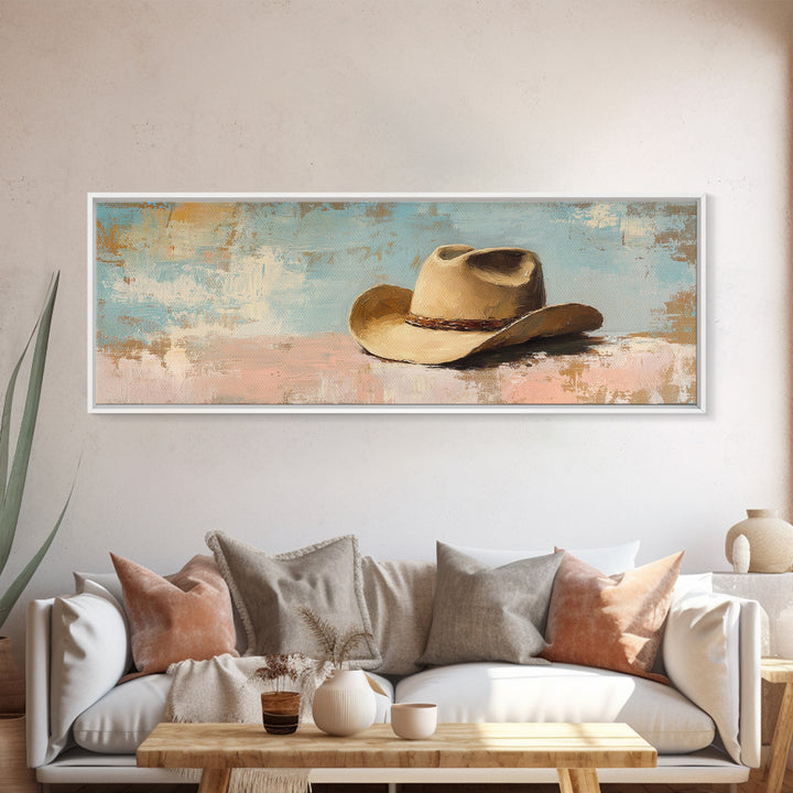 Tan Cowboy Hat On Pastel Blue Canvas Print, Western Wall Art, Rustic Ranch Decor, Southwestern Farmhouse, Neutral Bedroom Decor