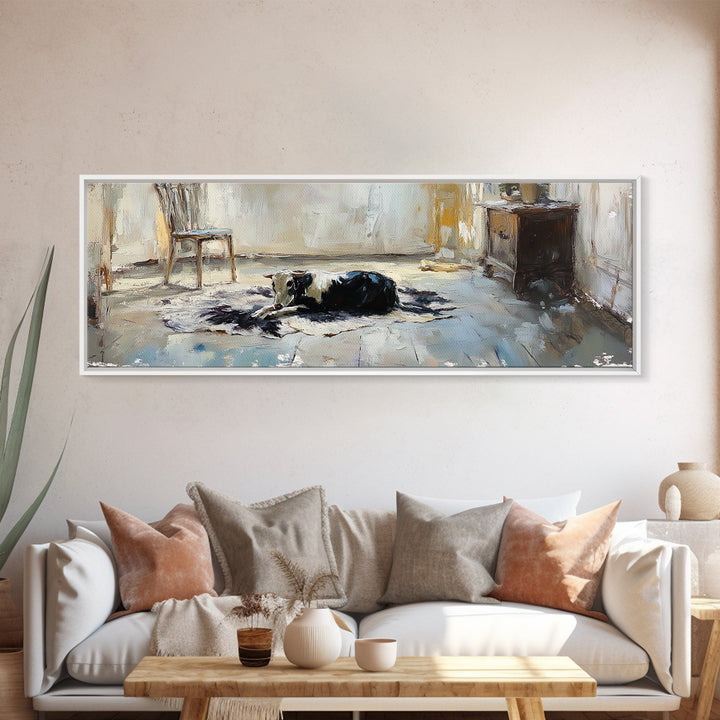 Black And White Cow Resting Canvas Print, Farmhouse Wall Art, Rustic Country Decor, Animal Lover Gift, Cozy Living Room Decor
