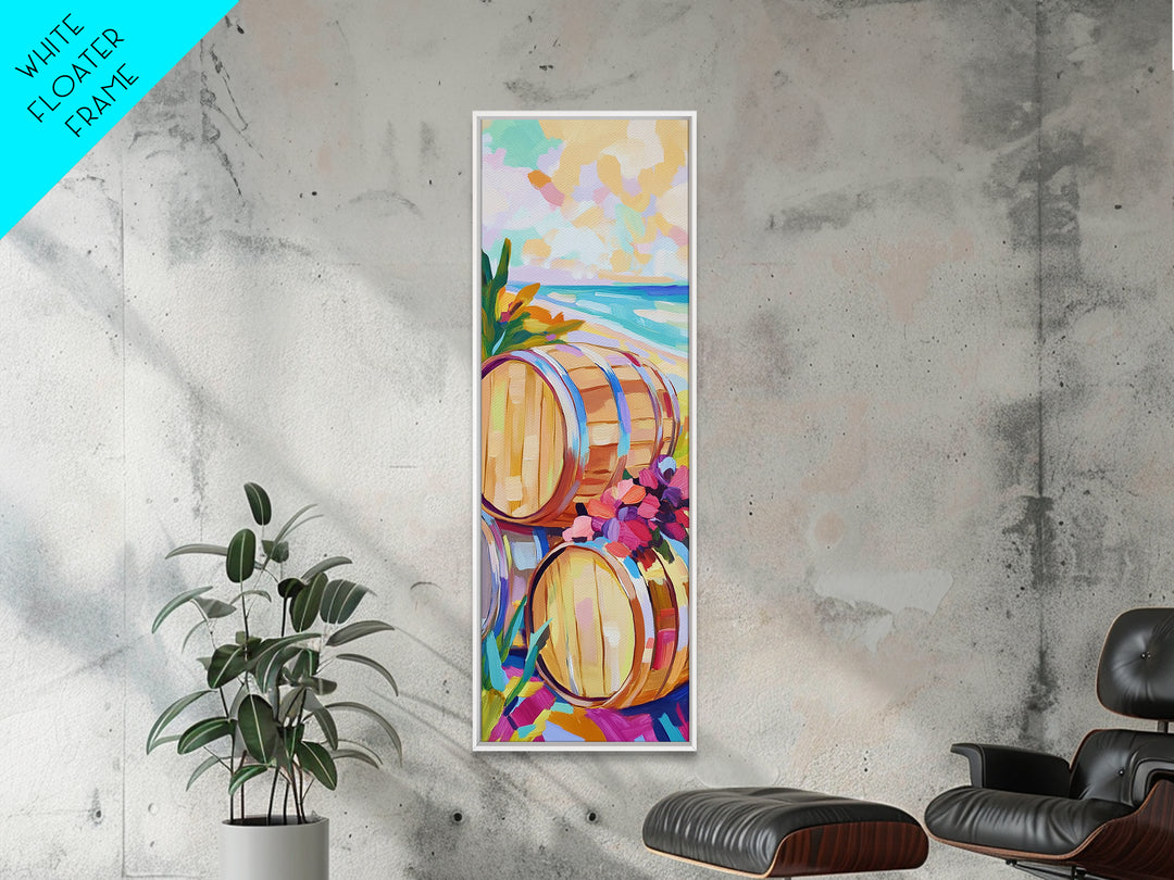 Sunlit Wine Barrels By Turquoise Beach Canvas Print, Coastal Wall Art, Winery Decor, Beach House Decor, Kitchen Art, Dining Room Print