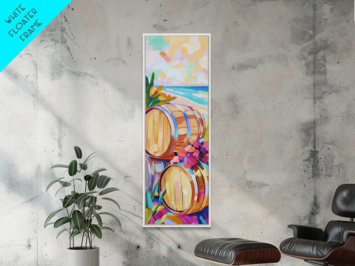 Sunlit Wine Barrels By Turquoise Beach Canvas Print, Coastal Wall Art, Winery Decor, Beach House Decor, Kitchen Art, Dining Room Print