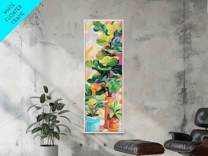 Potted Fiddle Leaf Plants Framed Canvas Print, Botanical Wall Art, Colorful Boho Home Decor, Plant Lover Housewarming Gift