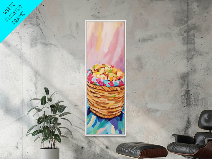 Woven Basket Of Colorful Sweets Canvas Print, Pastel Kitchen Wall Art, Bakery Decor, Cute Food Art Print, Housewarming Gift