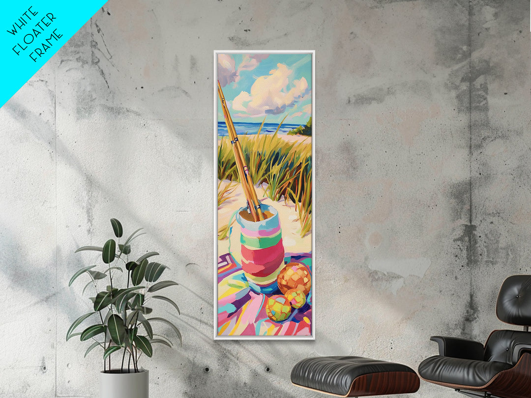 Striped Beach Bucket And Fishing Rods Canvas Print, Coastal Wall Art, Nautical Home Decor, Beach House Gift, Summer Decor