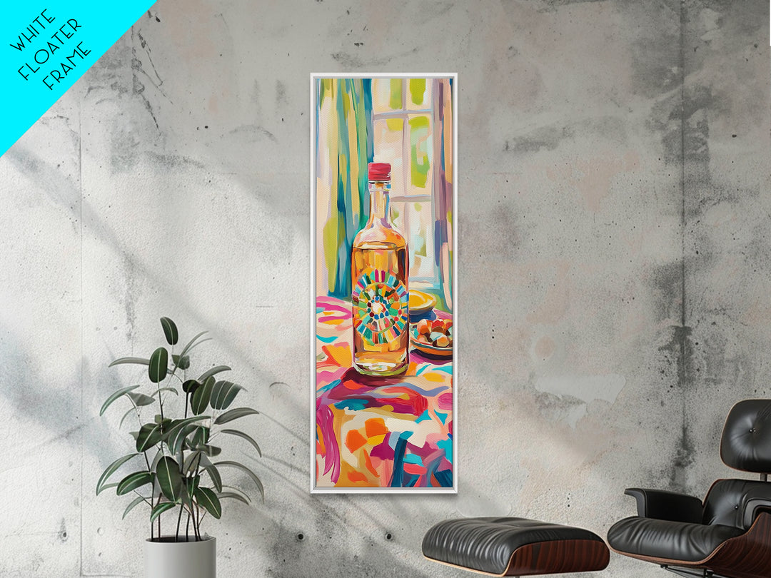 Colorful Tequila Bottle And Citrus Canvas Print, Mediterranean Kitchen Wall Art, Bar Cart Decor, Bright Dining Room Gift