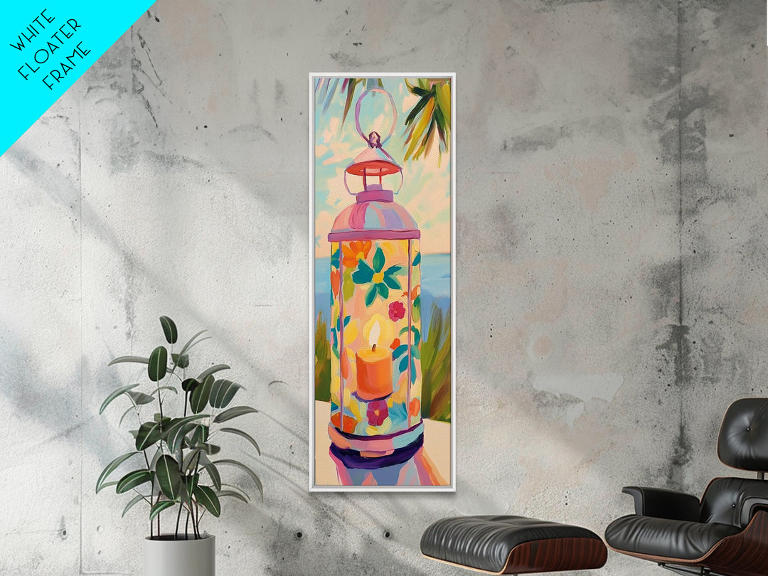 Pink Floral Candle Lantern Canvas Print, Coastal Wall Art, Tropical Beach House Decor, Bright Summer Patio Art For Living Room