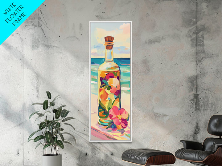 Floral Glass Bottle By Turquoise Sea Wall Art, Coastal Kitchen Decor, Beach House Art Print, Tropical Flowers Canvas Print
