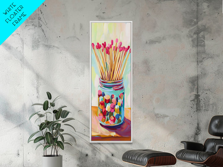 Colorful Matchstick Jar Canvas Print, Whimsical Kitchen Wall Art, Bright Still Life Painting, Fun Eclectic Home Decor Gift