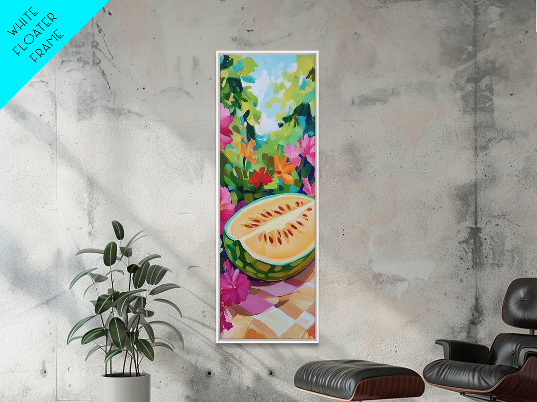 Sunlit Melon Slice In Garden Wall Art, Colorful Fruit Canvas Print, Tropical Kitchen Decor, Whimsical Summer Art Print Gift