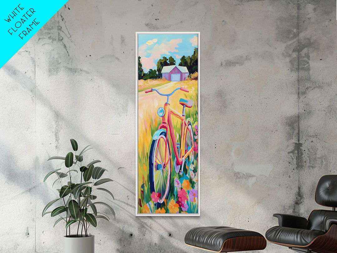 Pink Bicycle In Wildflower Meadow Wall Art, Rustic Country Canvas Print, Farmhouse Decor, Summer Landscape Art Gift For Her