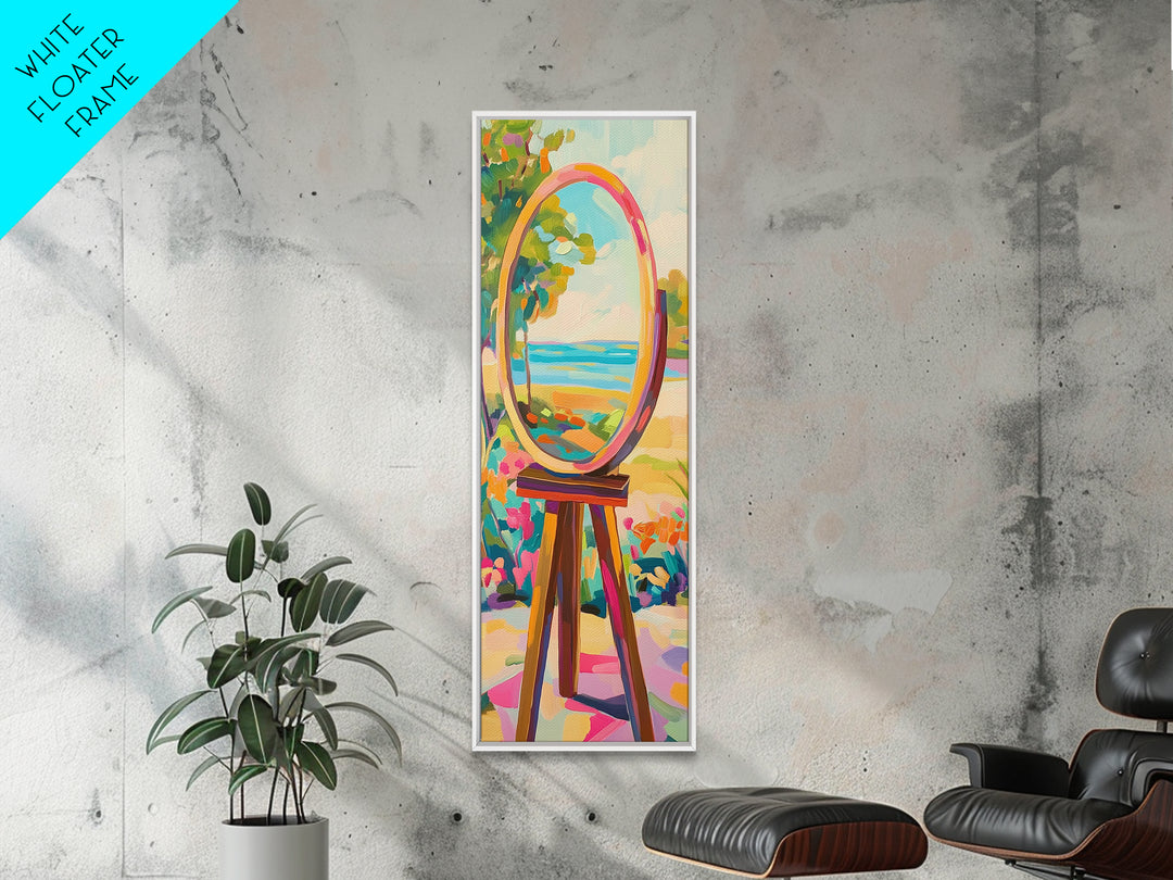 Oval Mirror By The Sea Wall Art, Coastal Garden Canvas Print For Bathroom Decor, Beach House Decor, Feminine Wall Decor, Home Decor