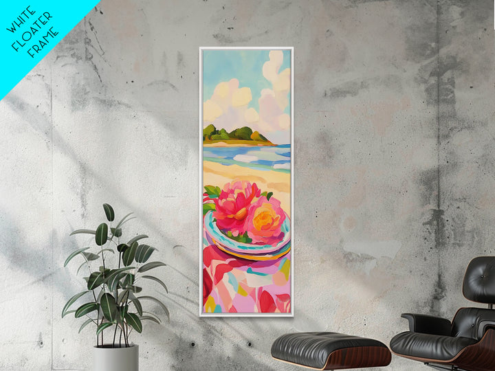 Pink Flowers On Sunny Beach Canvas Print, Coastal Seascape Wall Art, Feminine Summer Decor For Bedroom And Living Room Gift