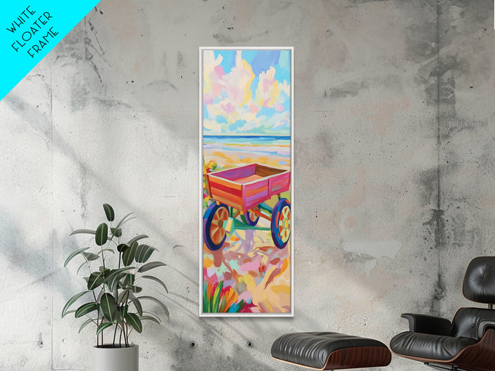 Red Beach Wagon At Shore Canvas Print, Coastal Wall Art, Summer Beach House Room Decor, Nautical Nursery Art, Gift For Kids